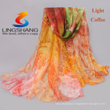 Lingshang 2015 newest designs flower print grils scarf gauze shawl magic chiffon pashmina scarf gril dress